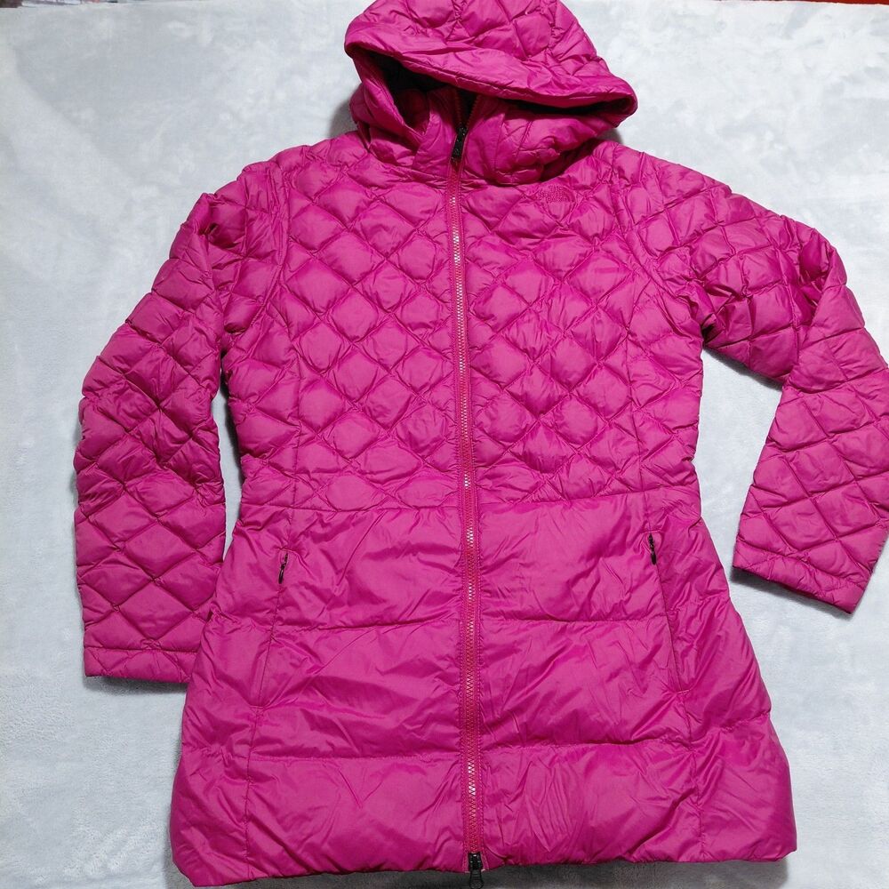 North Face Womens M Pink Diamond Quilted Goose Down 550 Puffer Parka Jacket Hood
